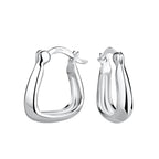 Pair of geometric silver French lock hoop earrings on a white background