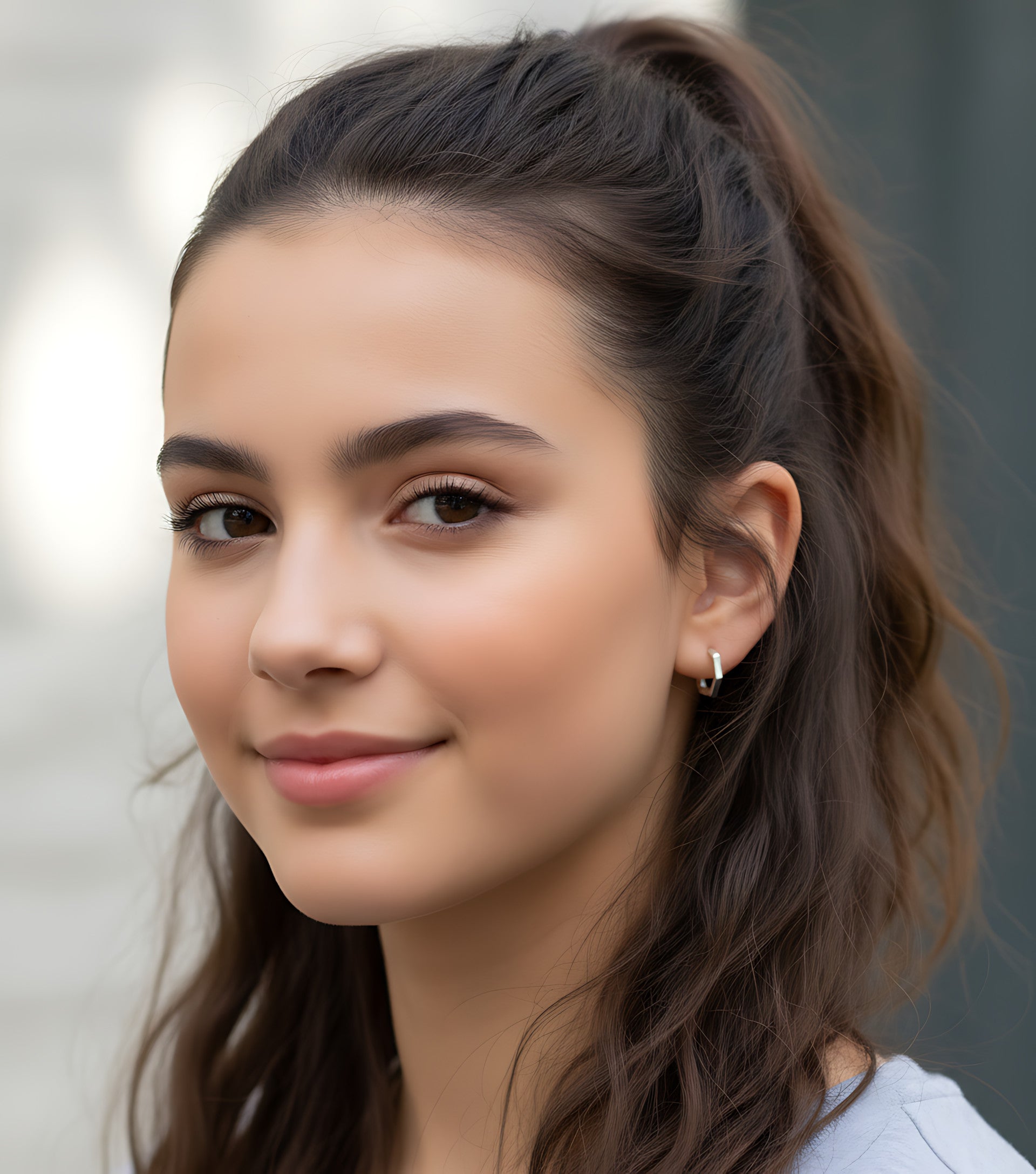 Woman with styled hair and silver geometric half hoop stud earrings against a blurred background
