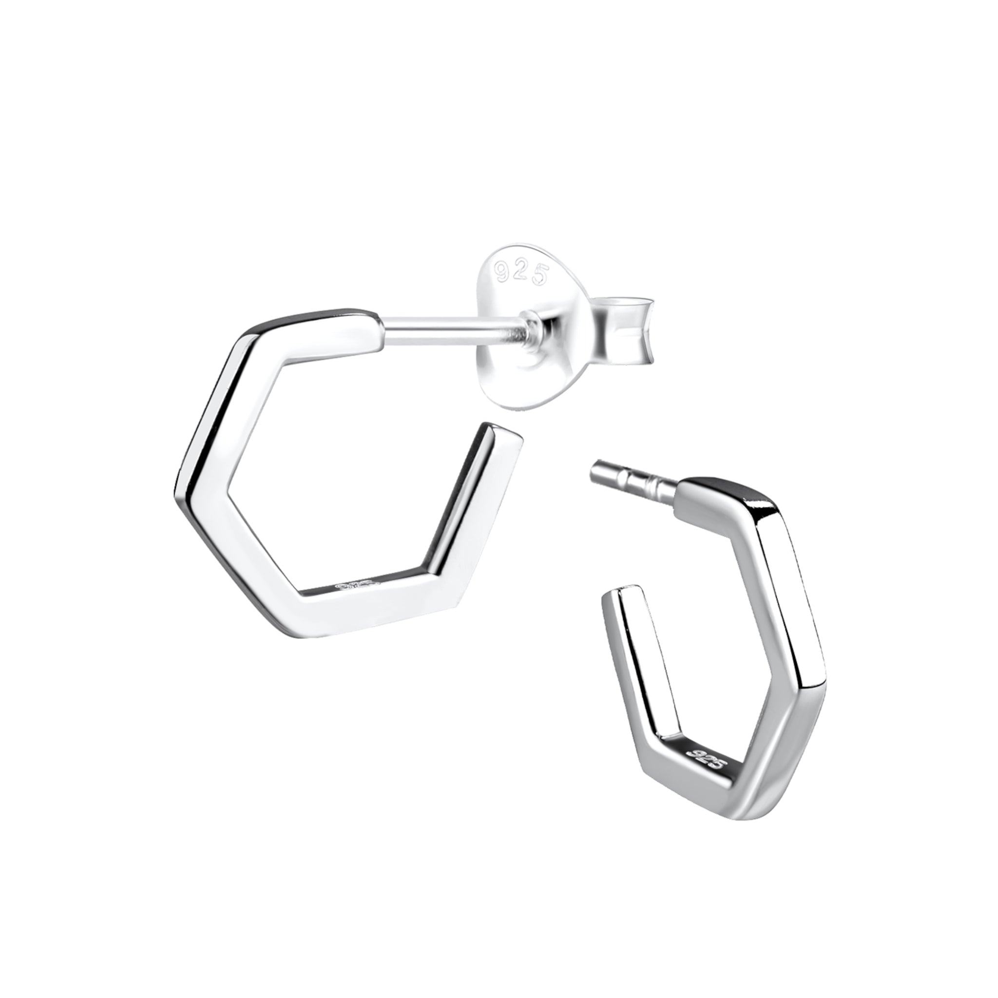 Hexagonal half hoop stud earrings on a white background