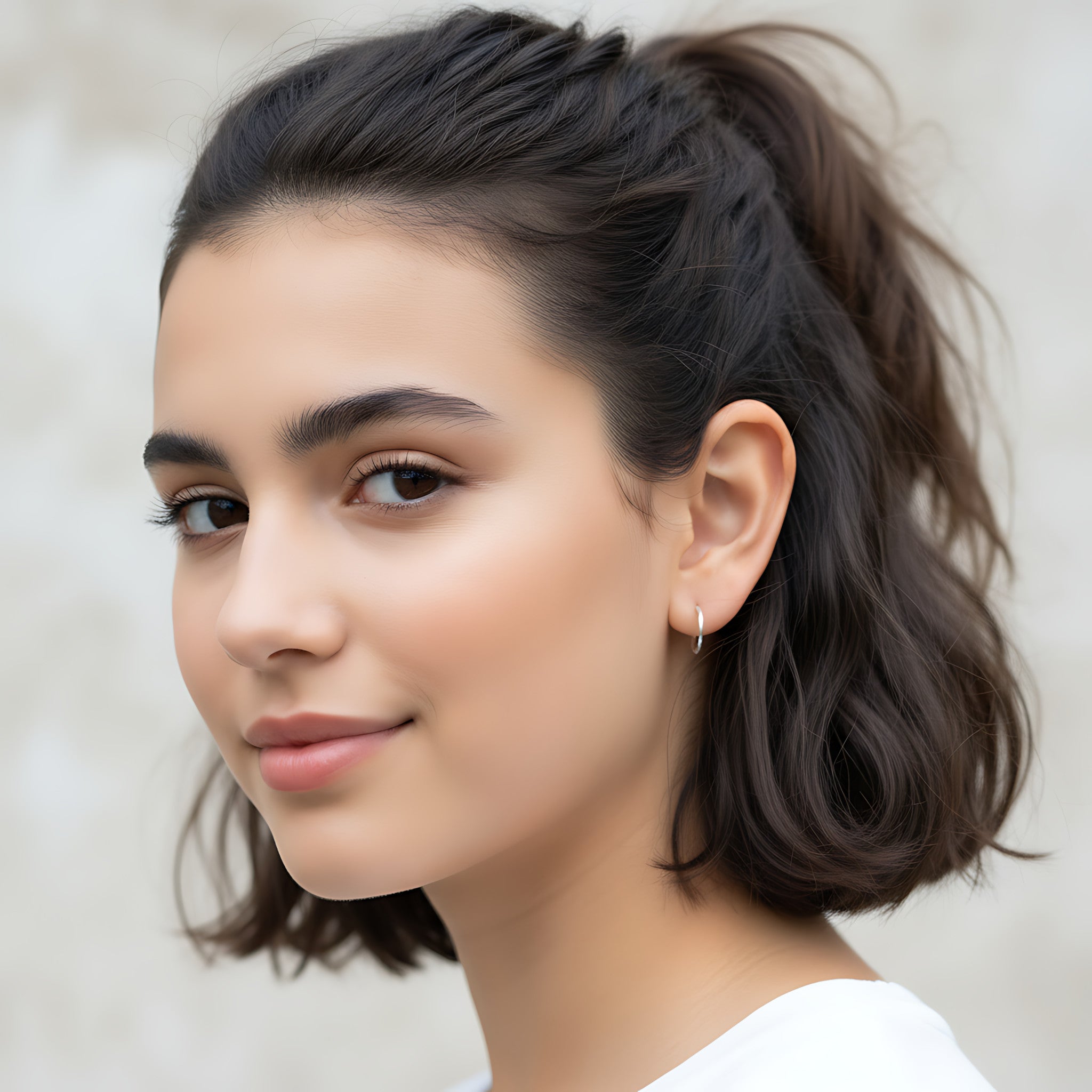 Closeup of a girl wearing a silver half hoop stud earring on a plain background