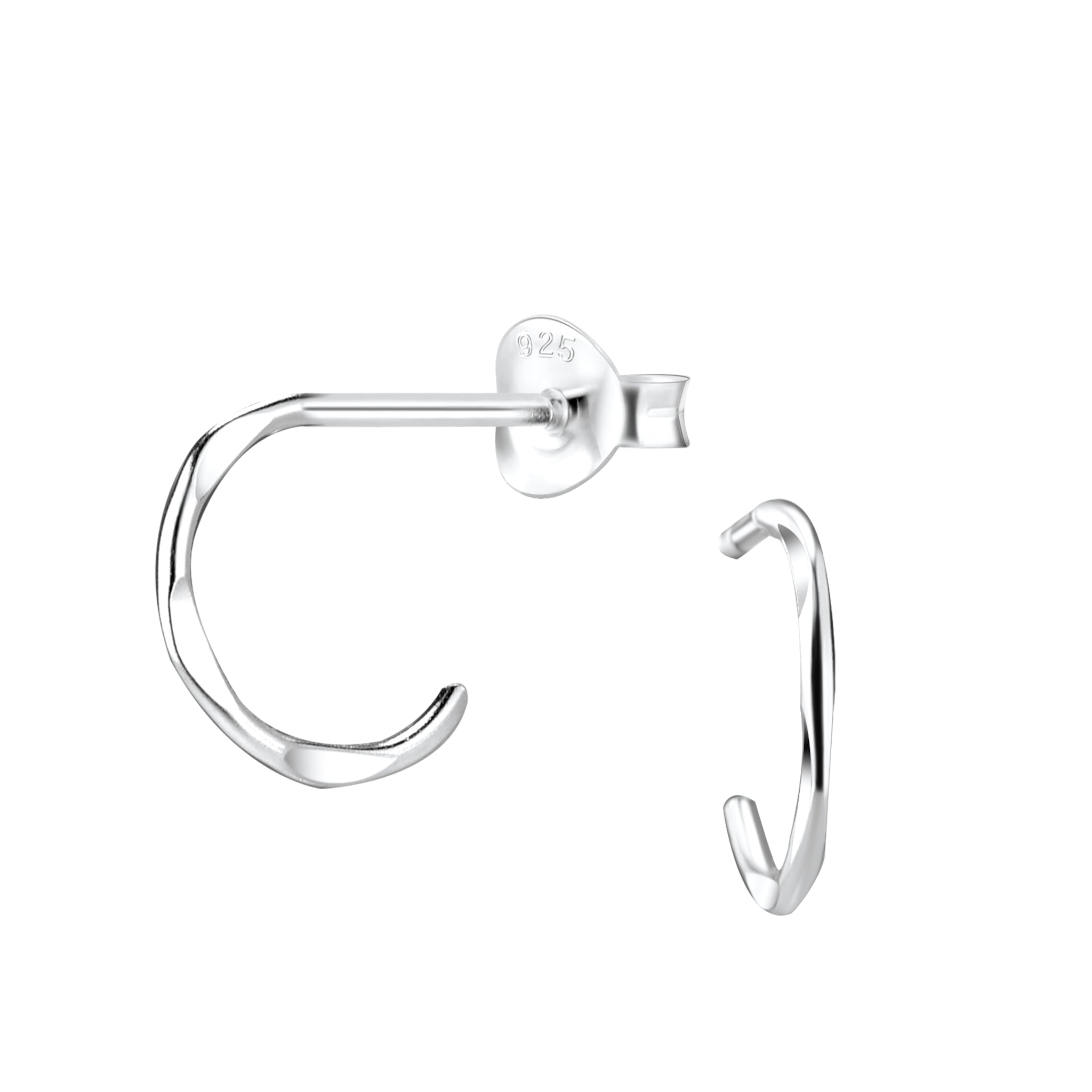 Silver half hoop stud earring on a white background
