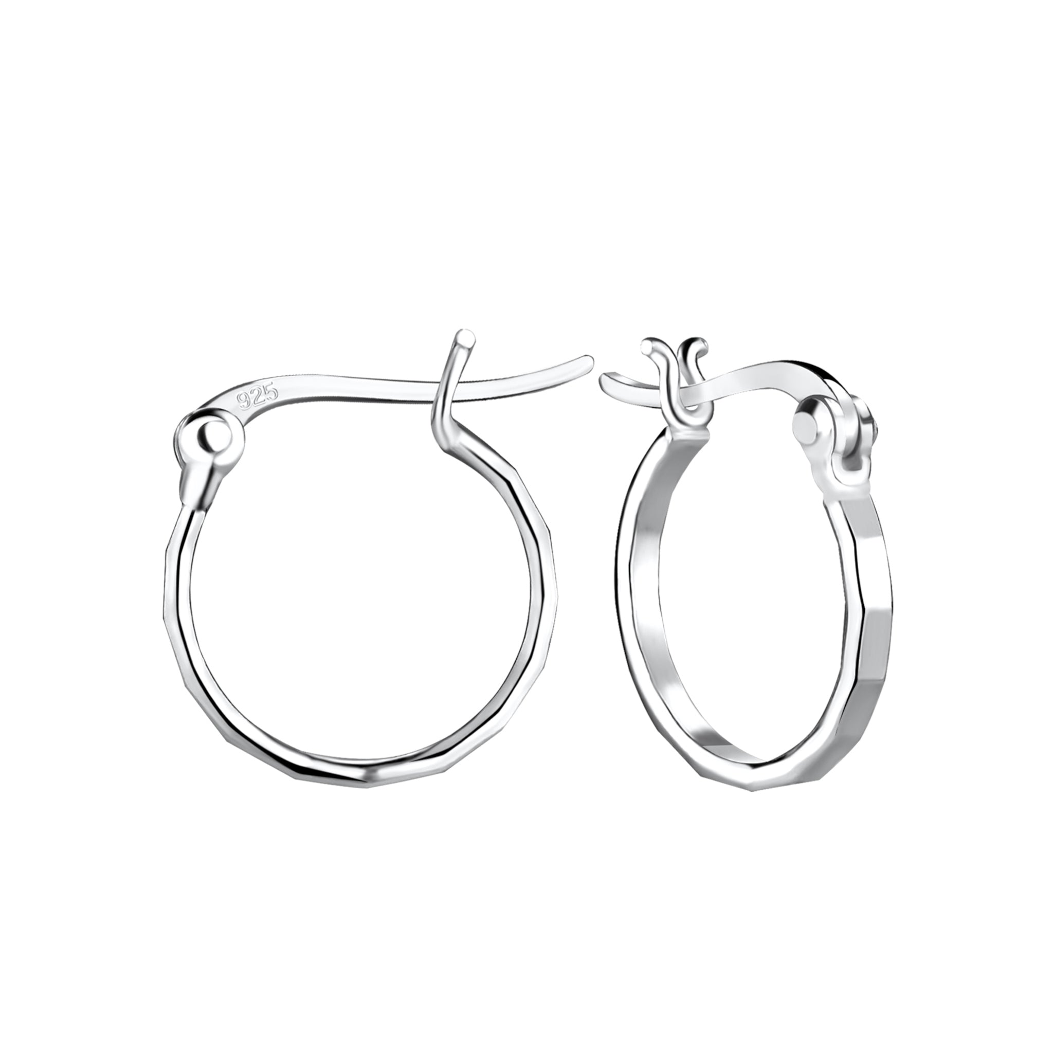 Hammered silver French lock hoop earrings on a white background