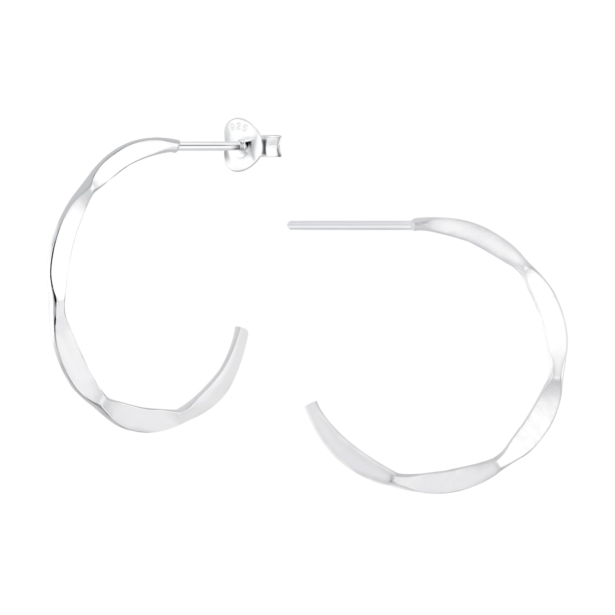 Silver hammered half hoop stud earrings on a white background