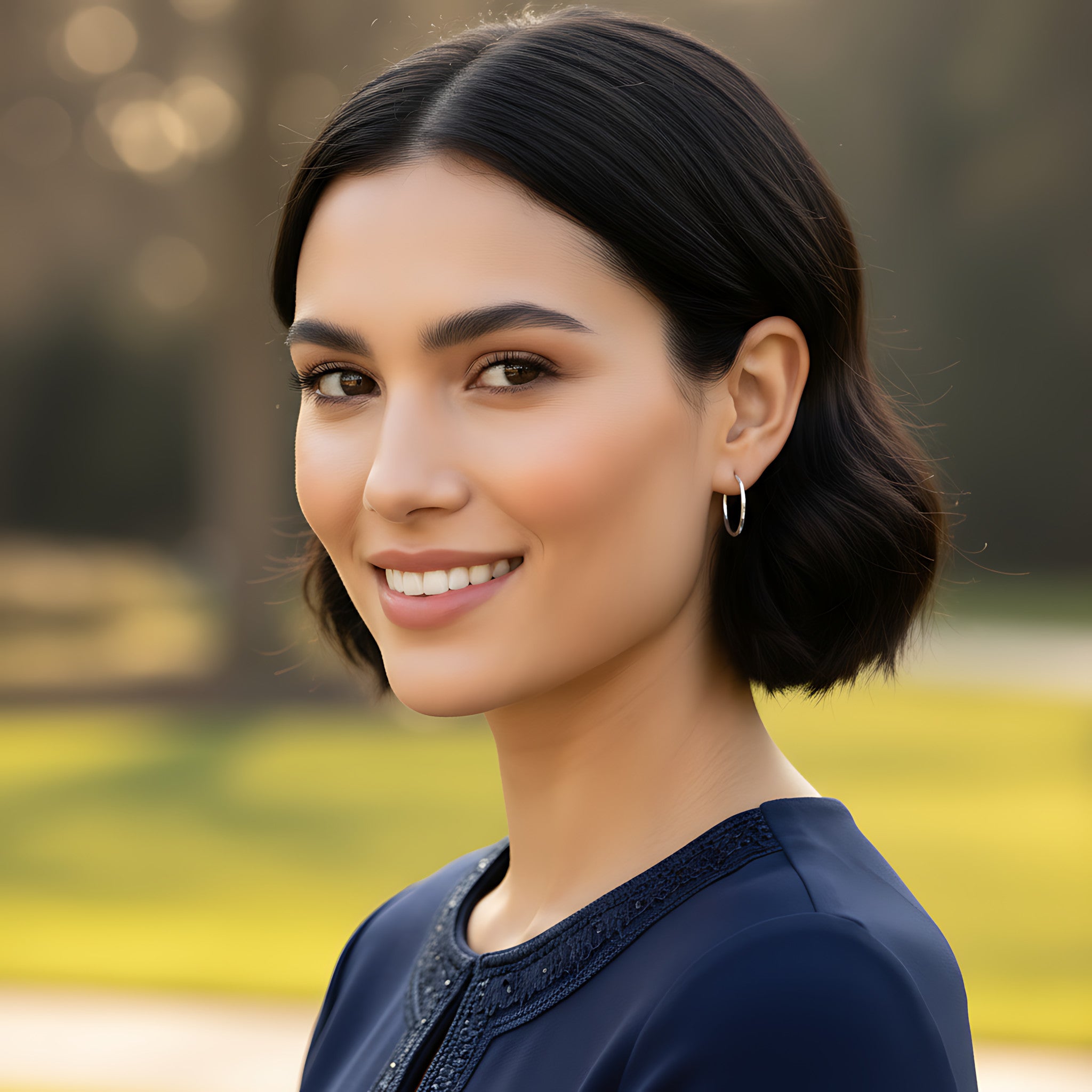 Woman with short dark hair smiling outdoors with a blurred natural background wearing silver hammered hoop earring