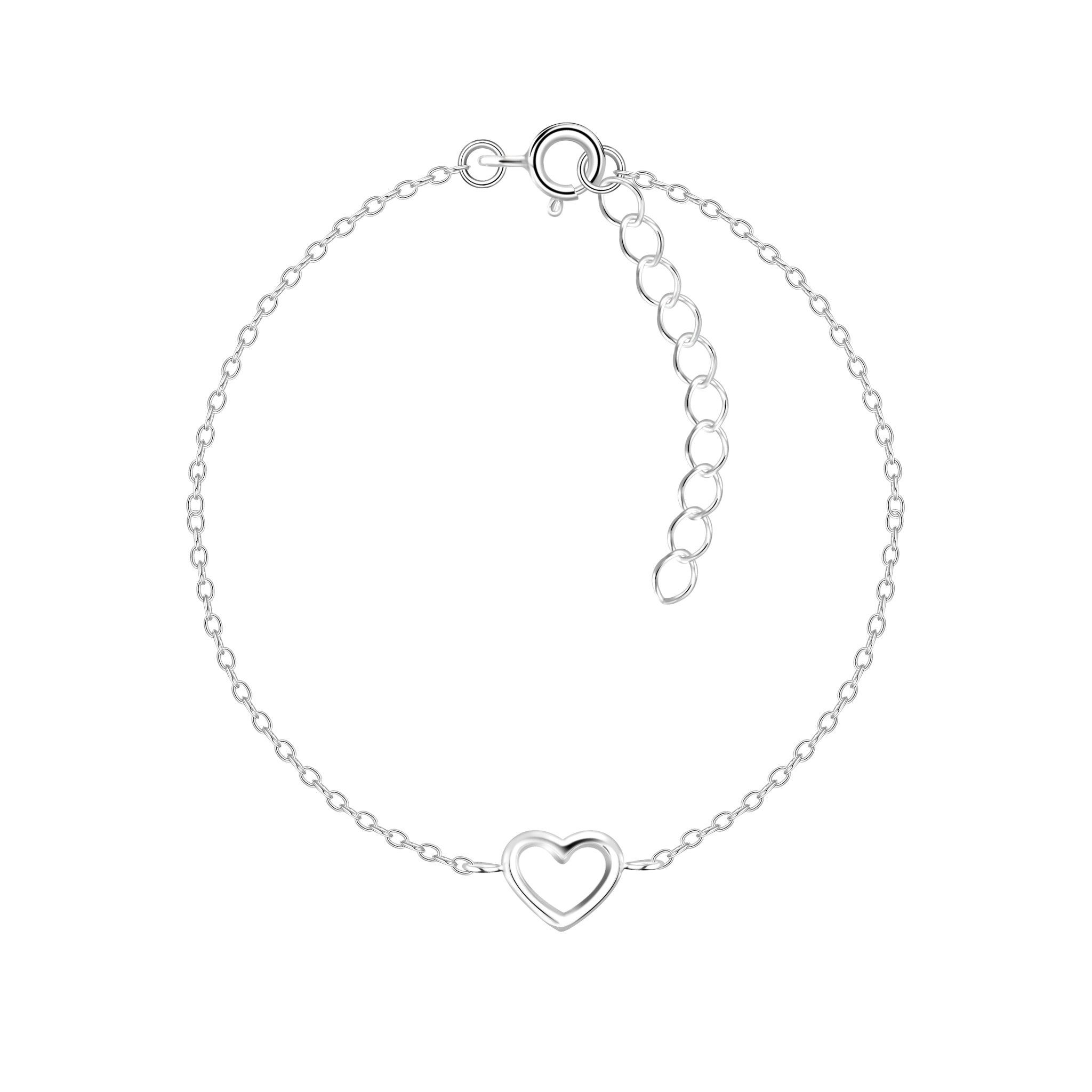 Silver bracelet with a heart-shaped charm on a white background