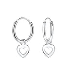 Silver hoop earrings with heart-shaped charms on a white background