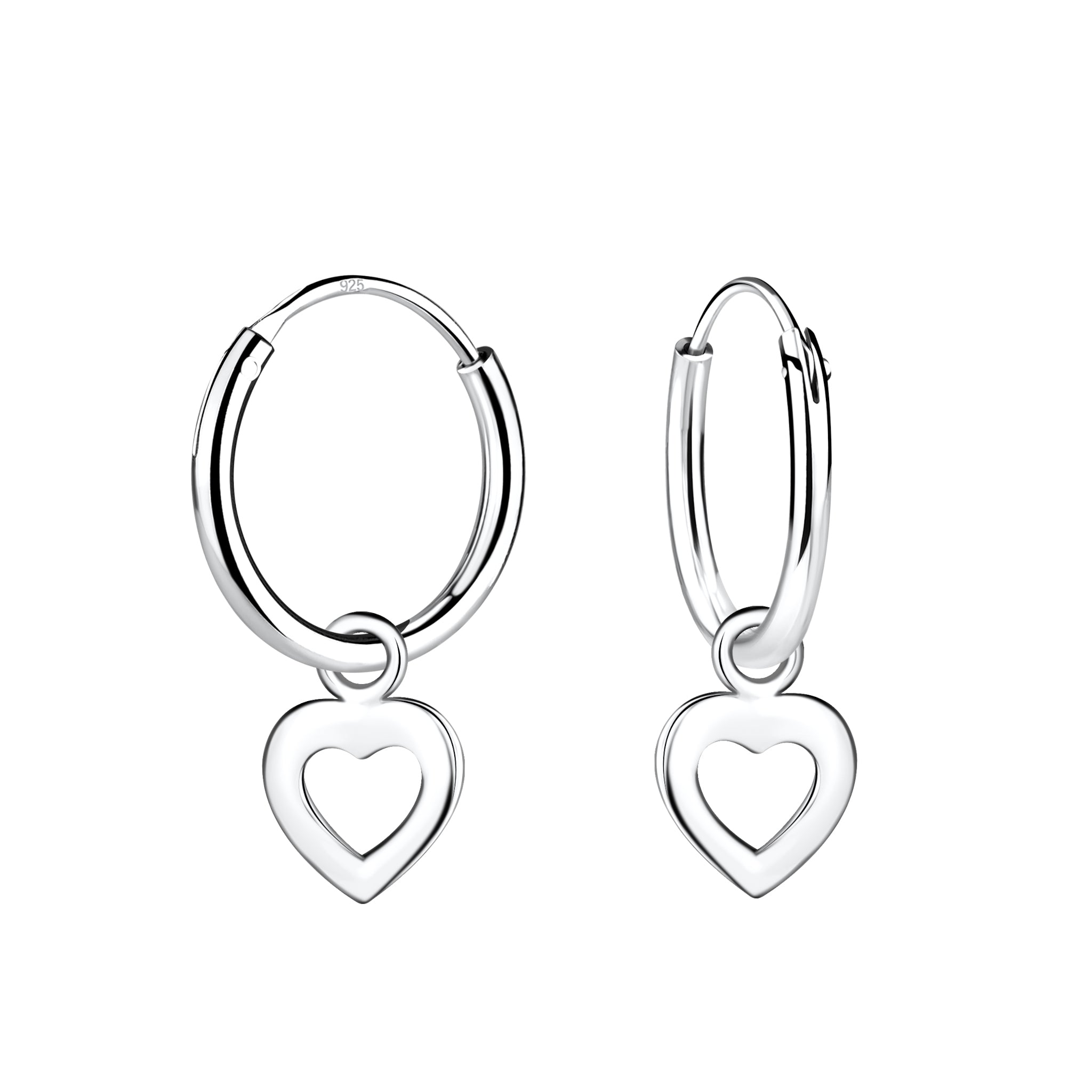 Silver hoop earrings with heart-shaped charms on a white background