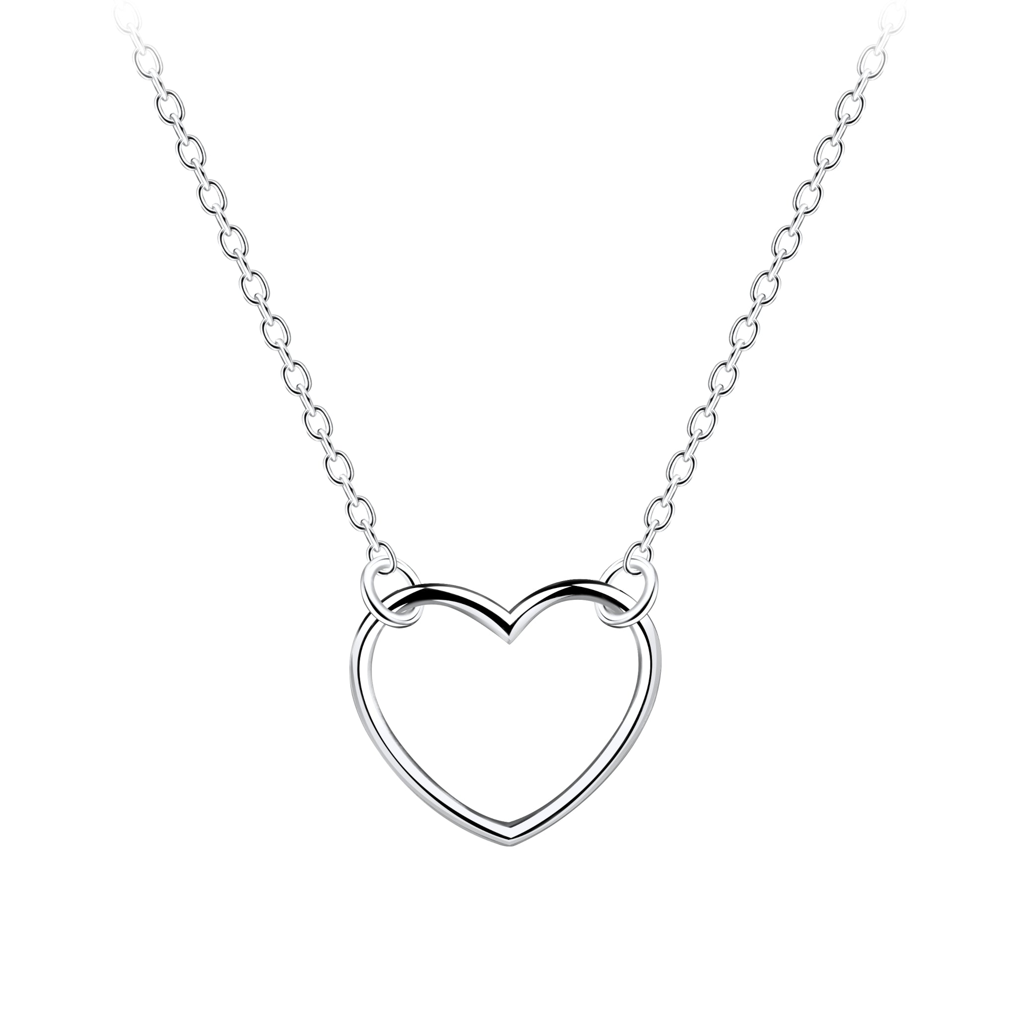 Silver heart-shaped pendant necklace on a white background