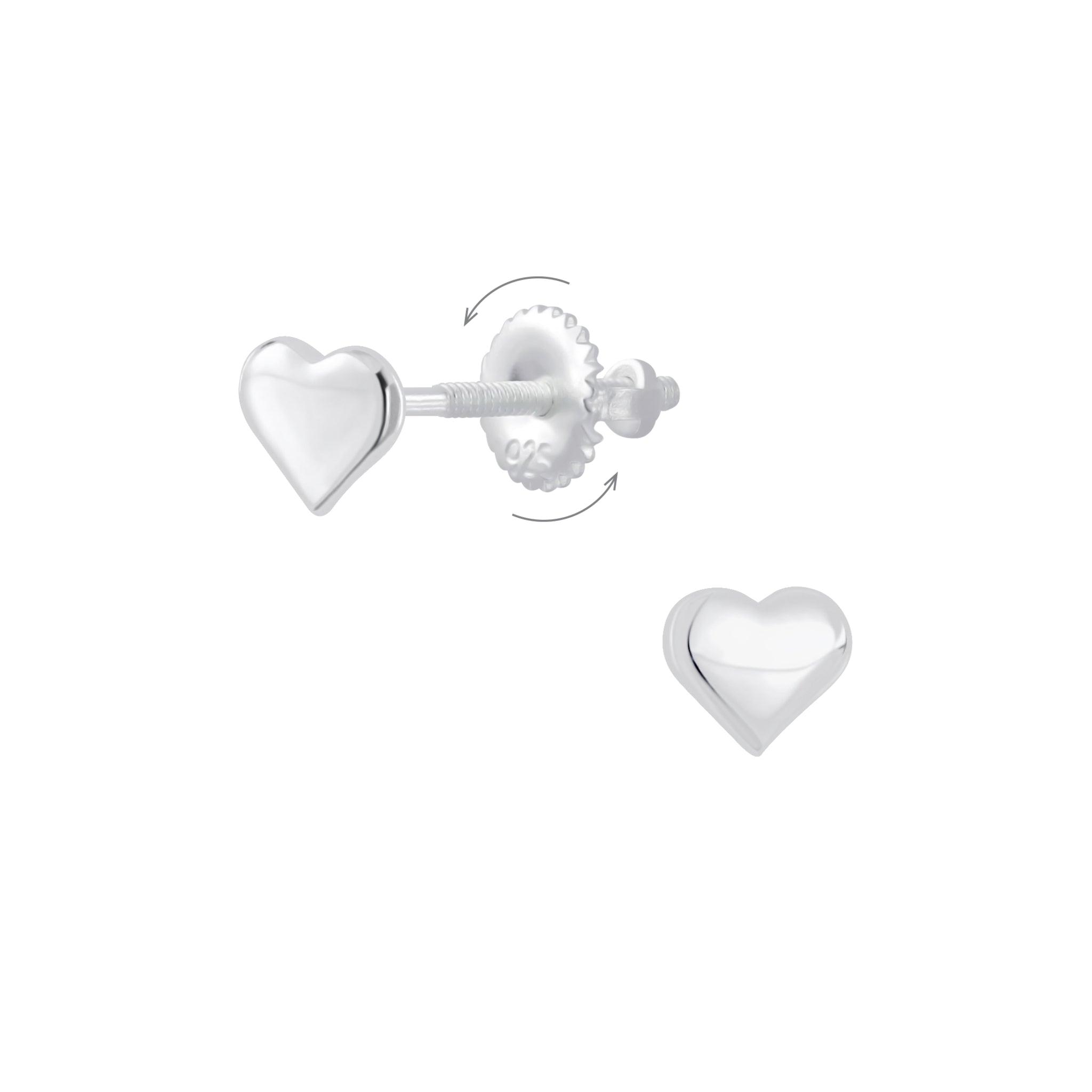 Heart-shaped silver screw-back stud earrings on a white background