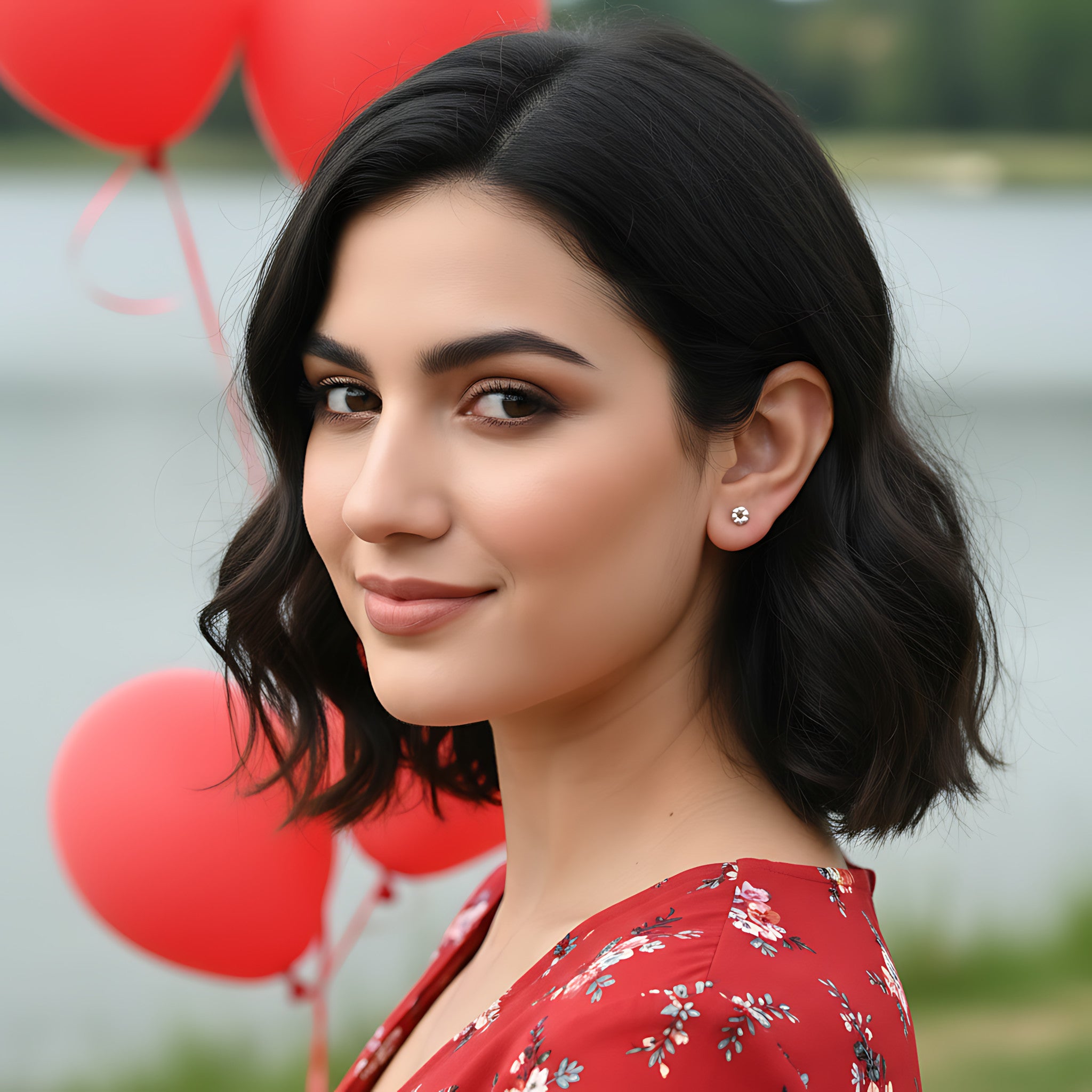 Woman wearing silver heart stud earring with red balloons in the background