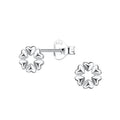 Silver heart shaped stud earrings on a white background