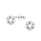Silver heart shaped stud earrings on a white background