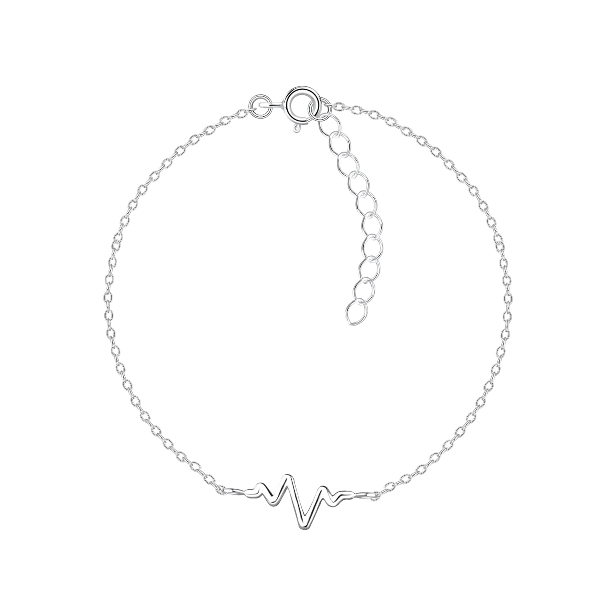Silver bracelet with a heartbeat shaped charm on a white background