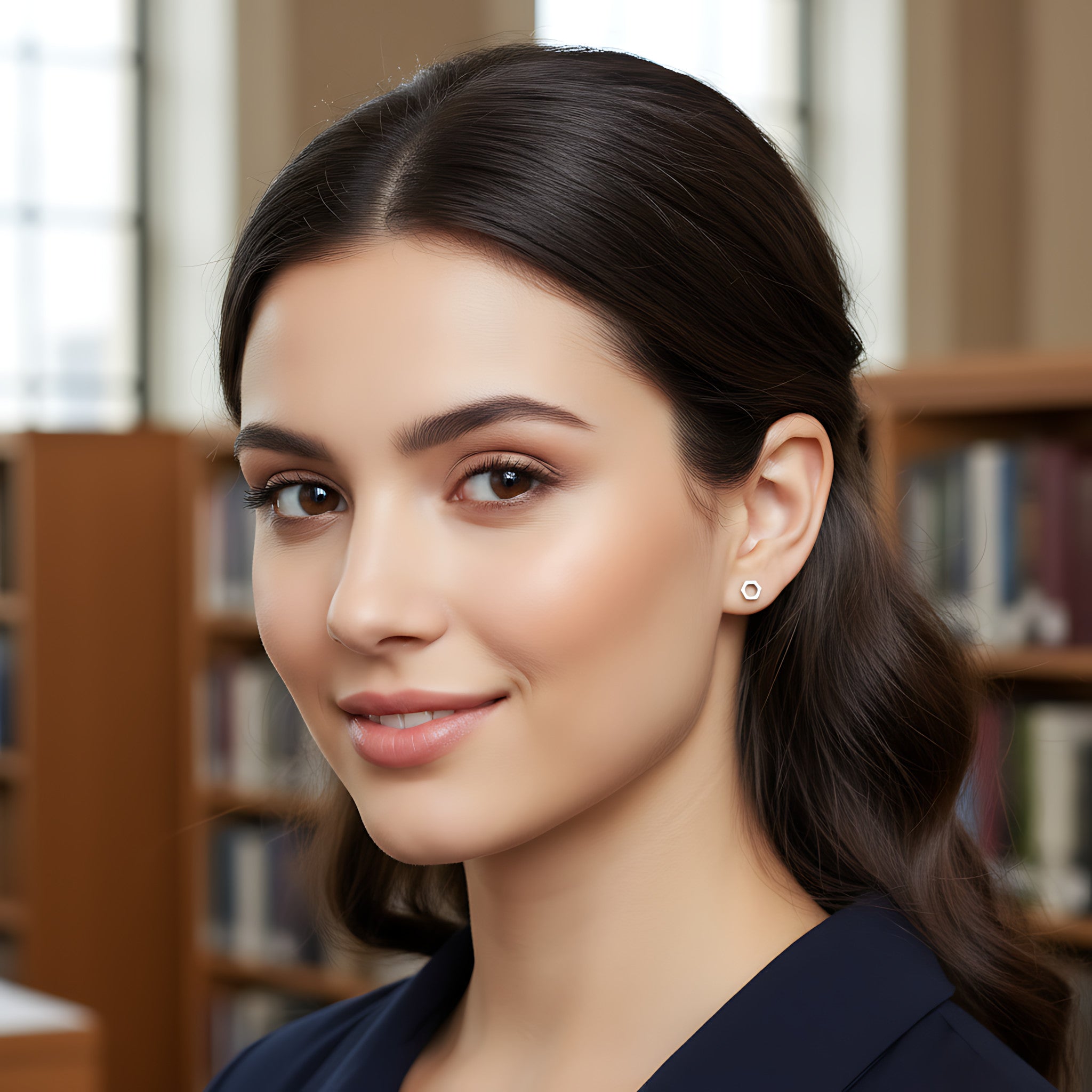 Woman with a ponytail in a library setting wearing a hexagon shaped silver stud earring