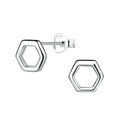 Silver hexagonal stud earrings on a white background