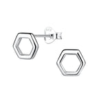 Silver hexagonal stud earrings on a white background