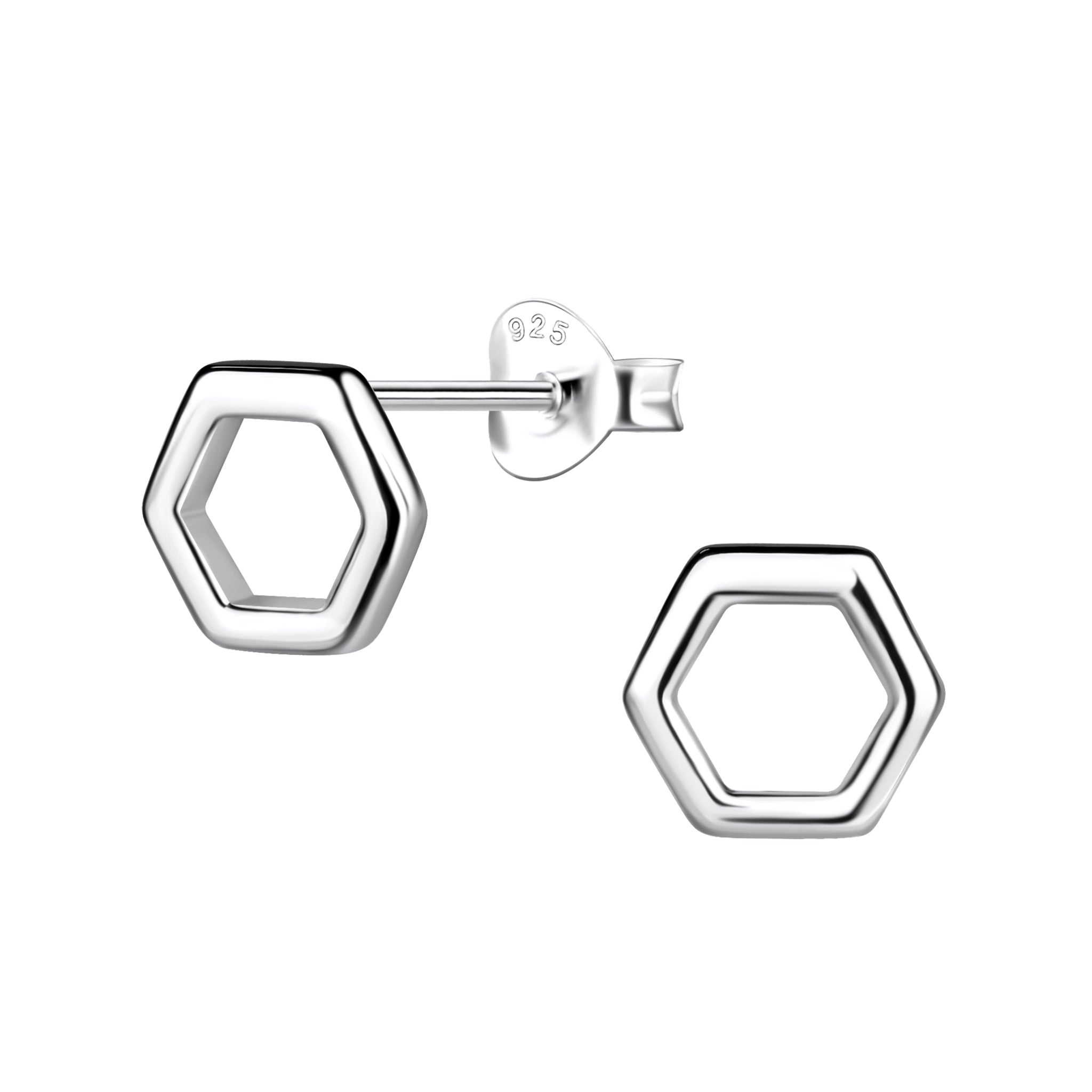 Silver hexagonal stud earrings on a white background