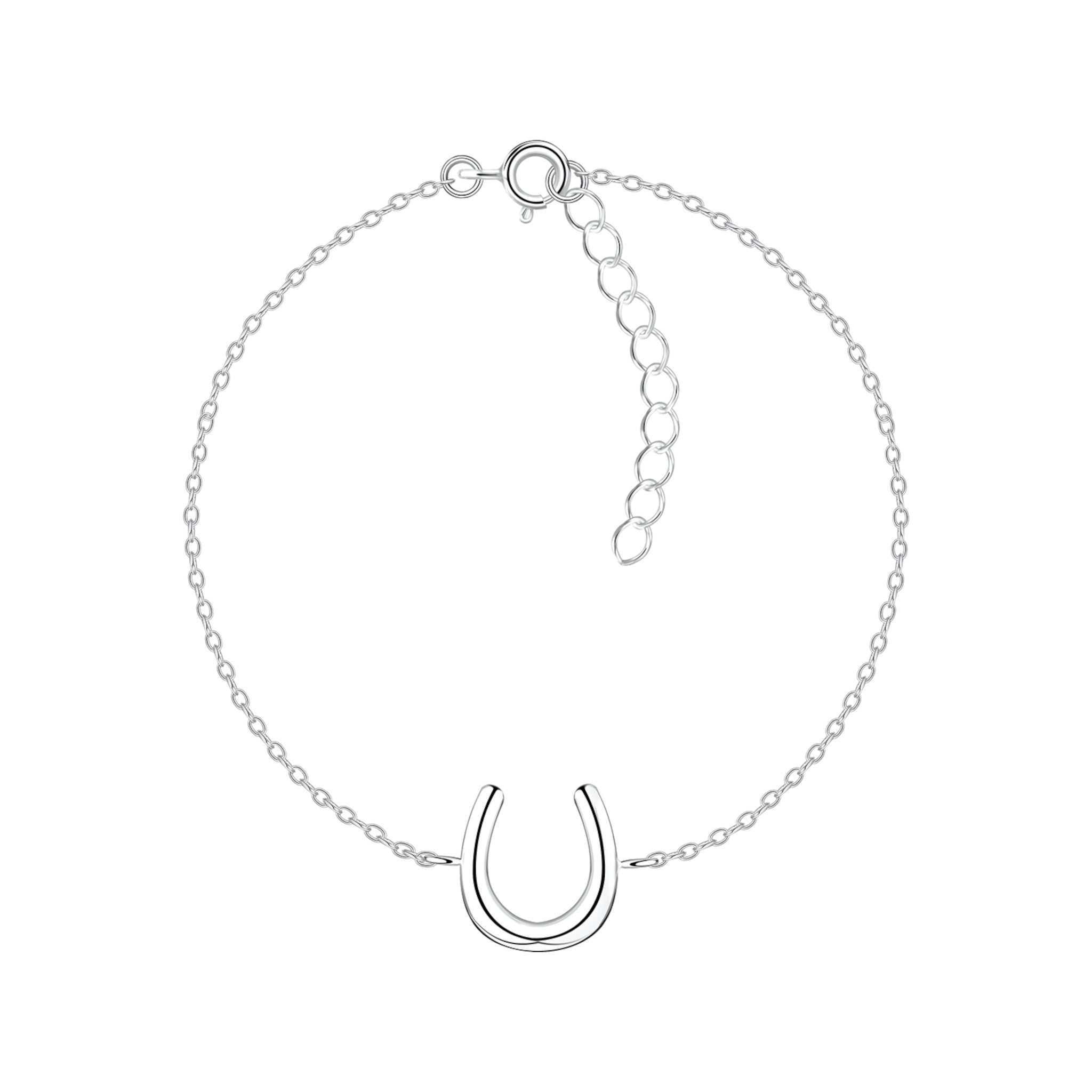 Silver bracelet with a horseshoe charm on a white background