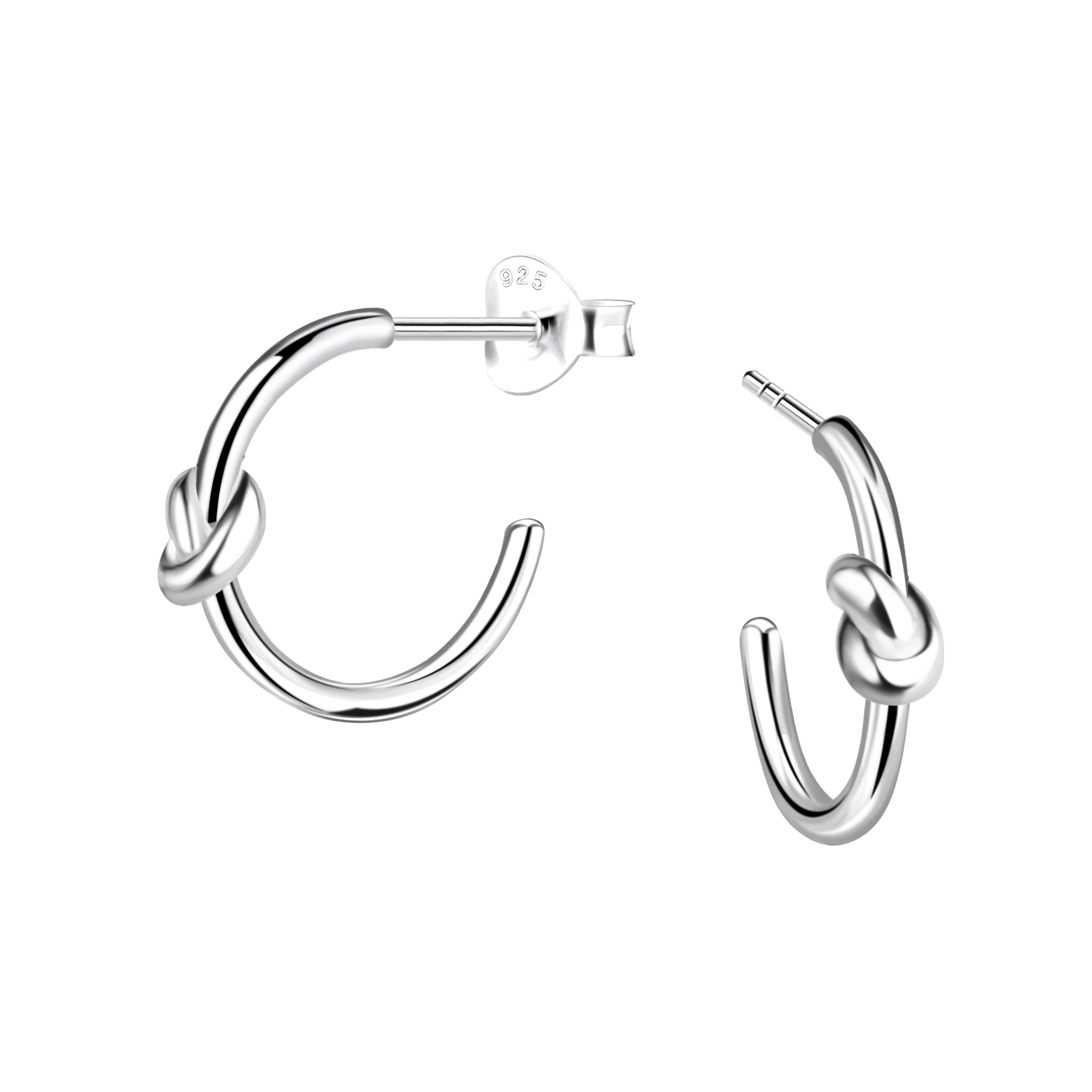 Knot shaped silver half hoop stud  earrings on a white background