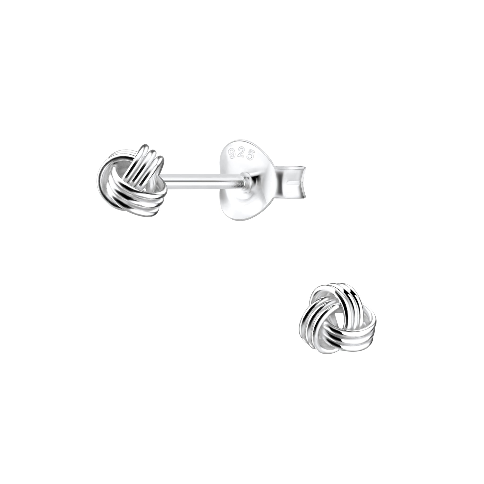 Silver knot-shaped stud earrings on a white background