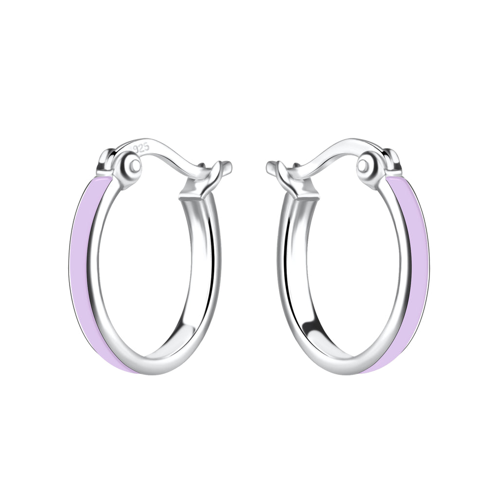 French lock silver hoop earrings with purple accent on a white background