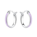 French lock silver hoop earrings with purple accent on a white background