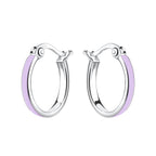 French lock silver hoop earrings with purple accent on a white background