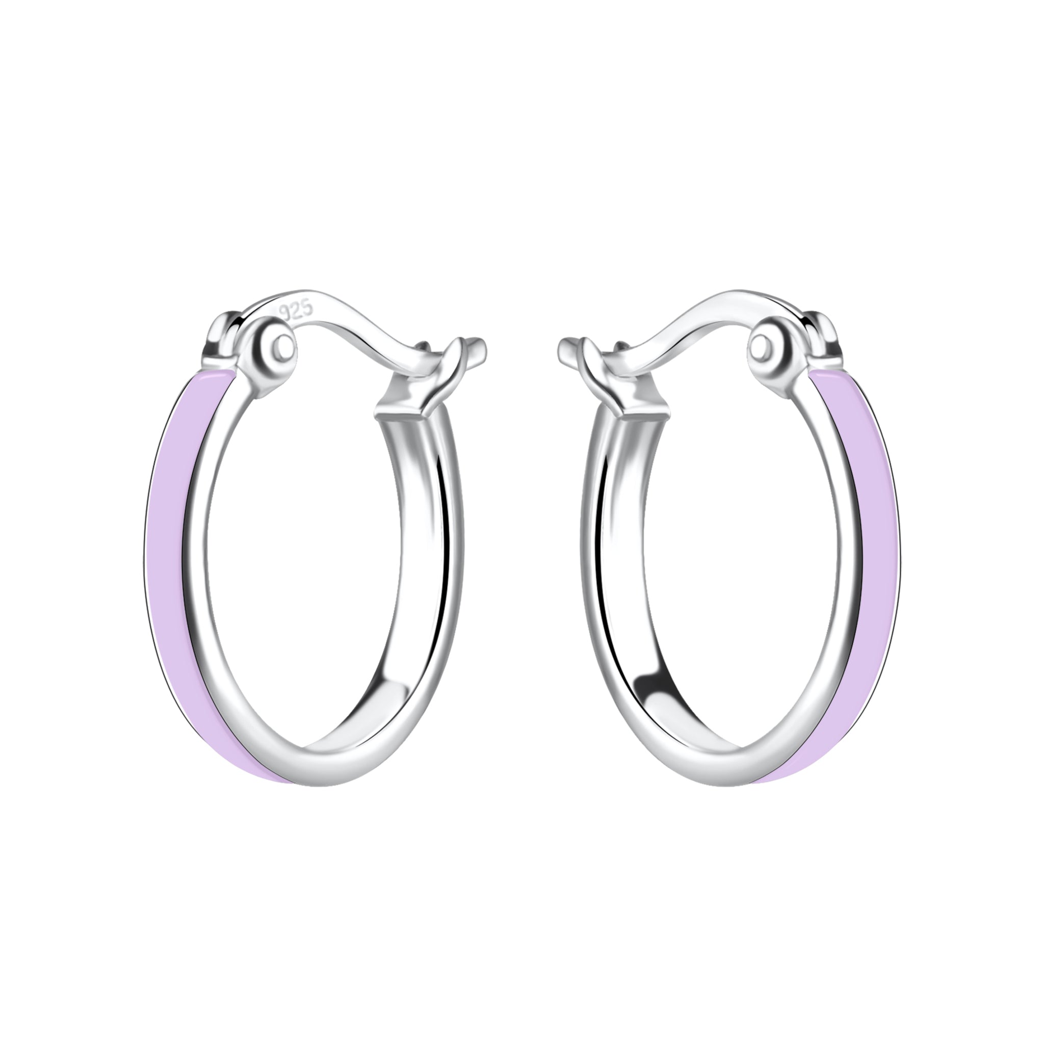 French lock silver hoop earrings with purple accent on a white background