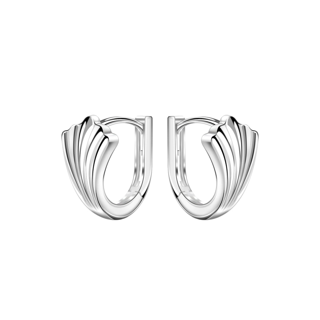 Pair of leaf shaped silver huggie hoop earrings on a white background