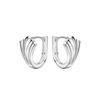 Pair of leaf shaped silver huggie hoop earrings on a white background