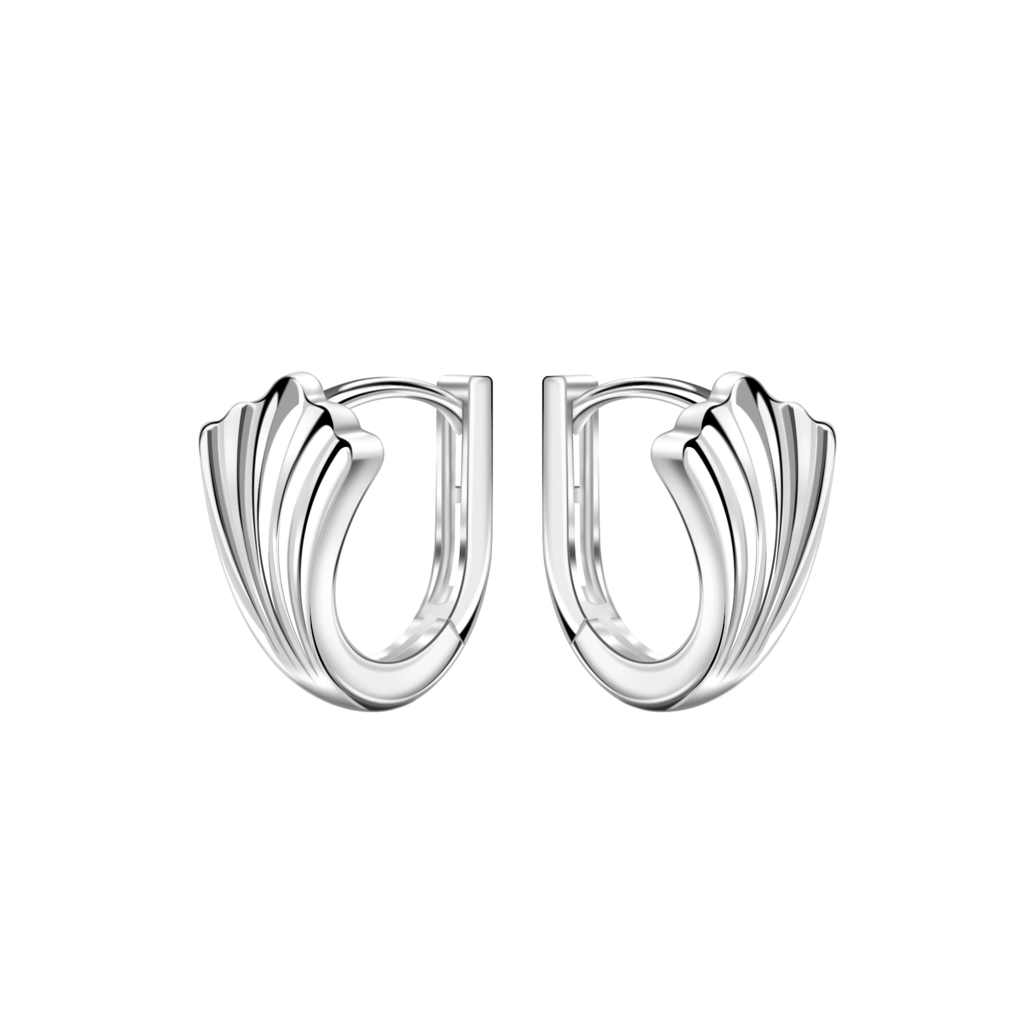 Pair of leaf shaped silver huggie hoop earrings on a white background