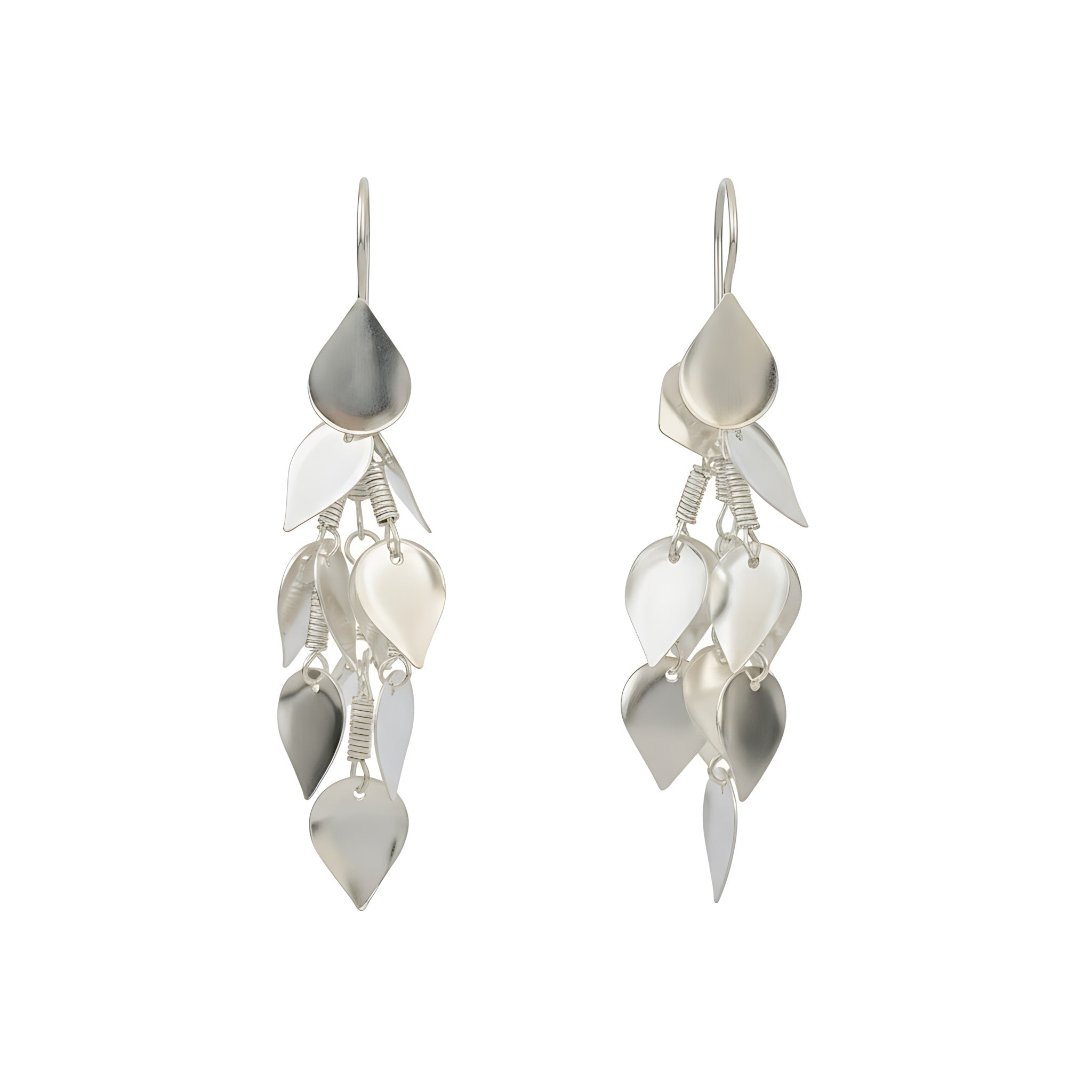 Pair of silver leaflet dangle earrings on a white background