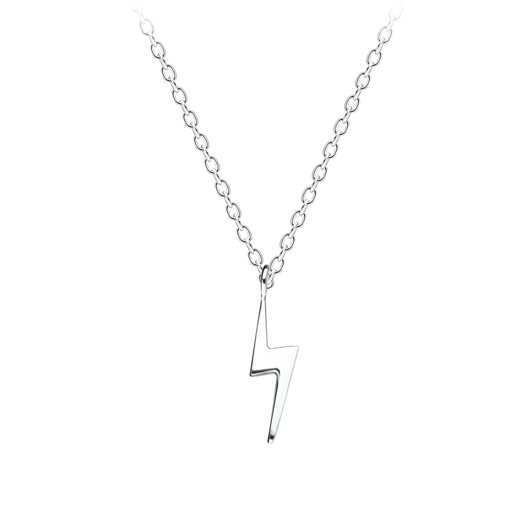Silver lightning bolt necklace on a white background