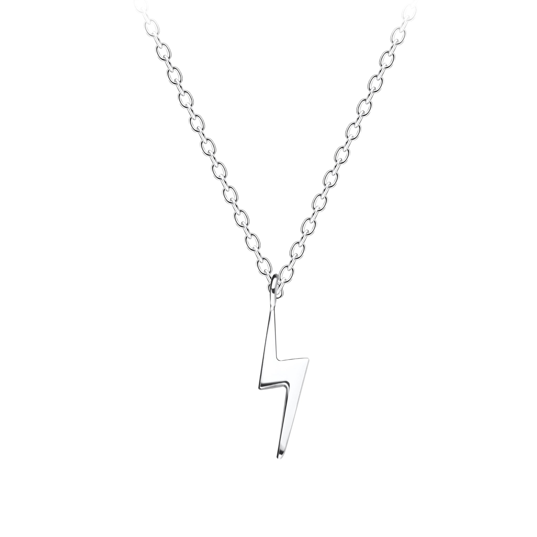 Silver lightning bolt necklace on a white background