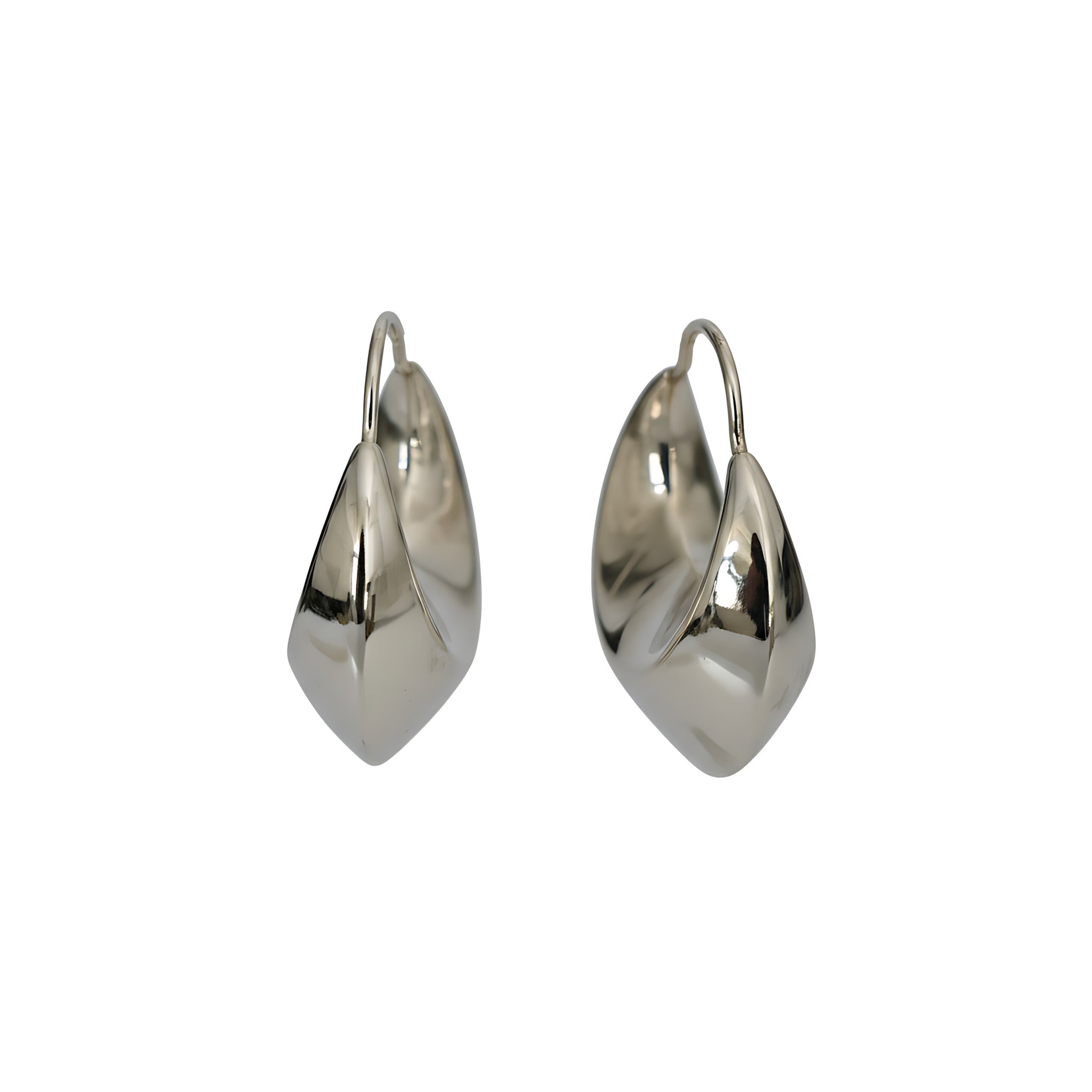 Pair of shiny silver hoop earrings shaped on a white background