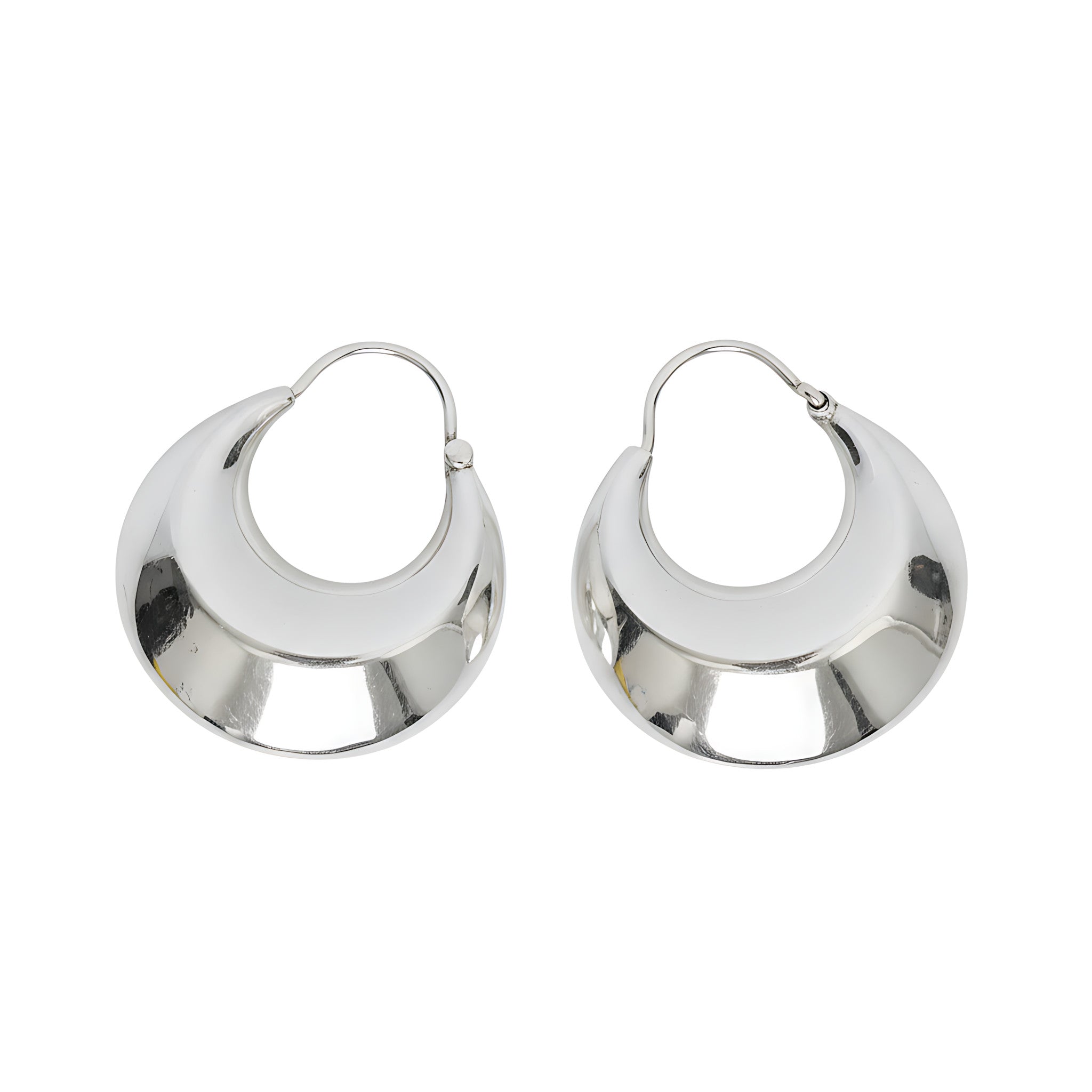 Pair of silver matka hoop earrings against a plain white background