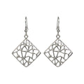 Pair of silver square mosaic dangle earrings on a white background