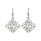 Pair of silver square mosaic dangle earrings on a white background