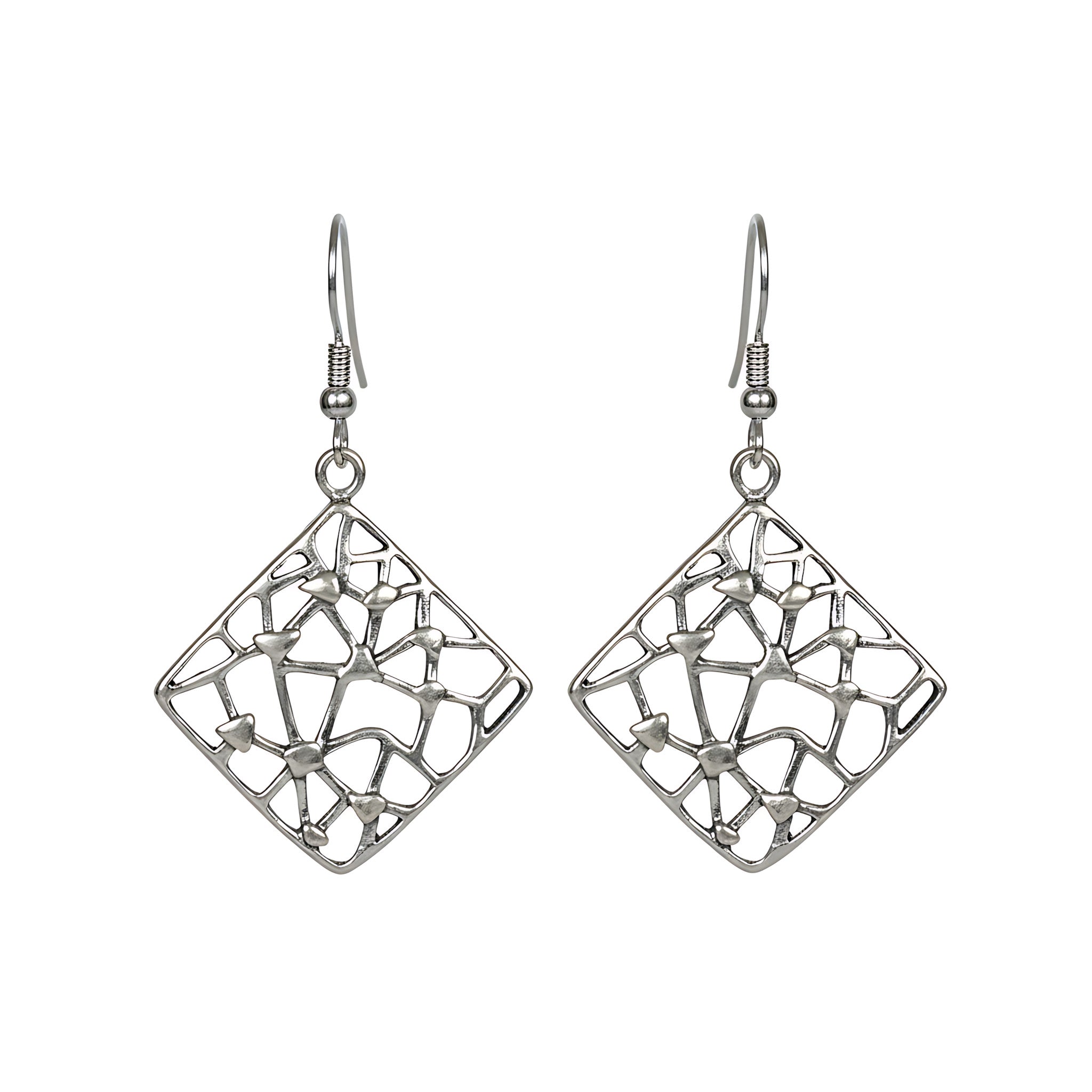 Pair of silver square mosaic dangle earrings on a white background