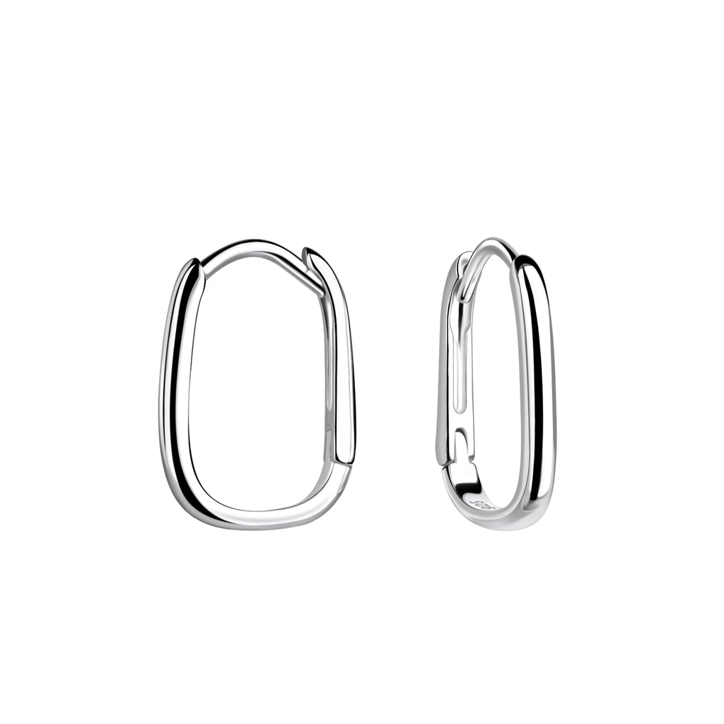 Pair of rectangular silver hoop earrings on a white background