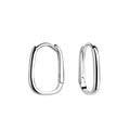Pair of rectangular silver hoop earrings on a white background