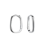 Pair of rectangular silver hoop earrings on a white background