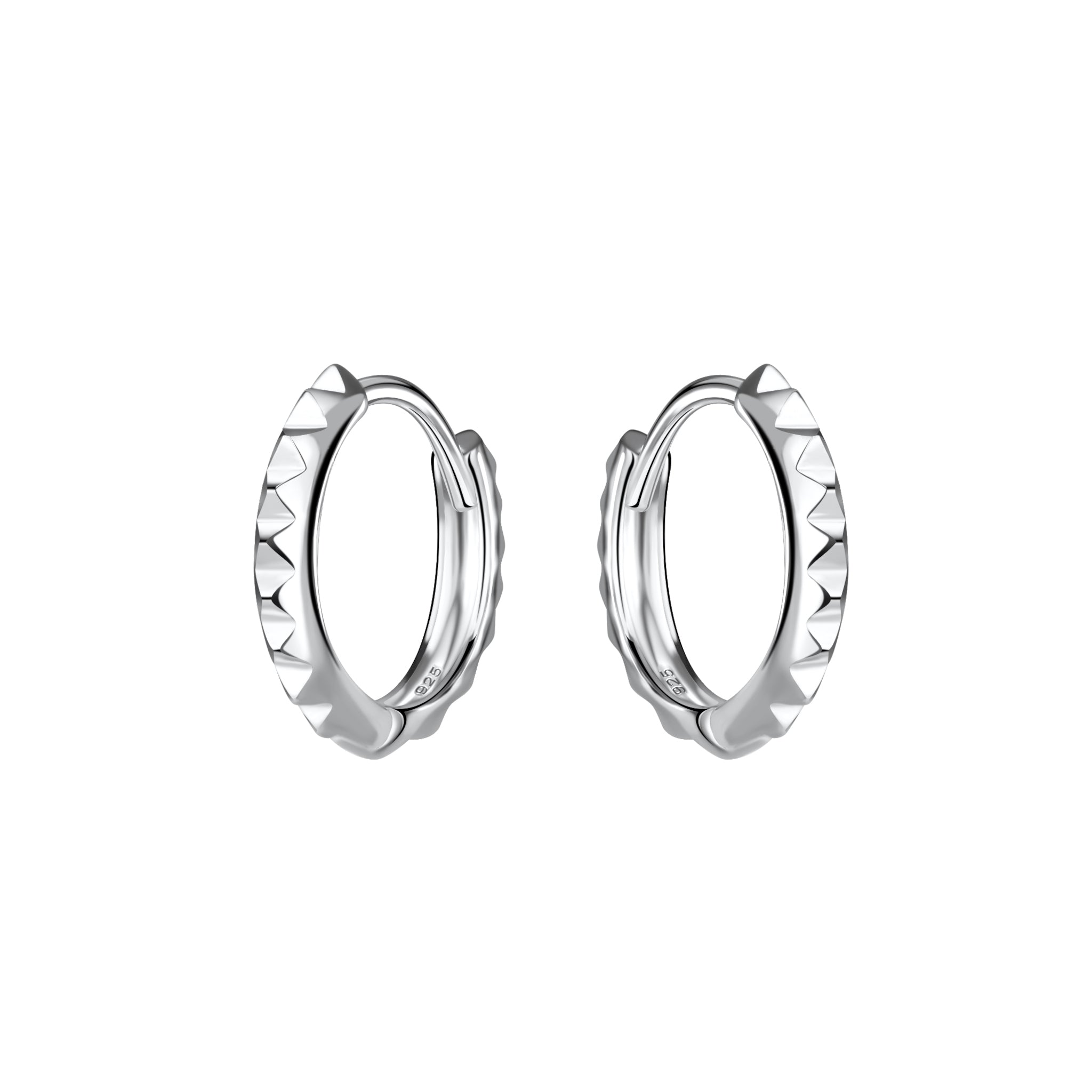 Pair of silver hoop earrings with spiked design on a white background