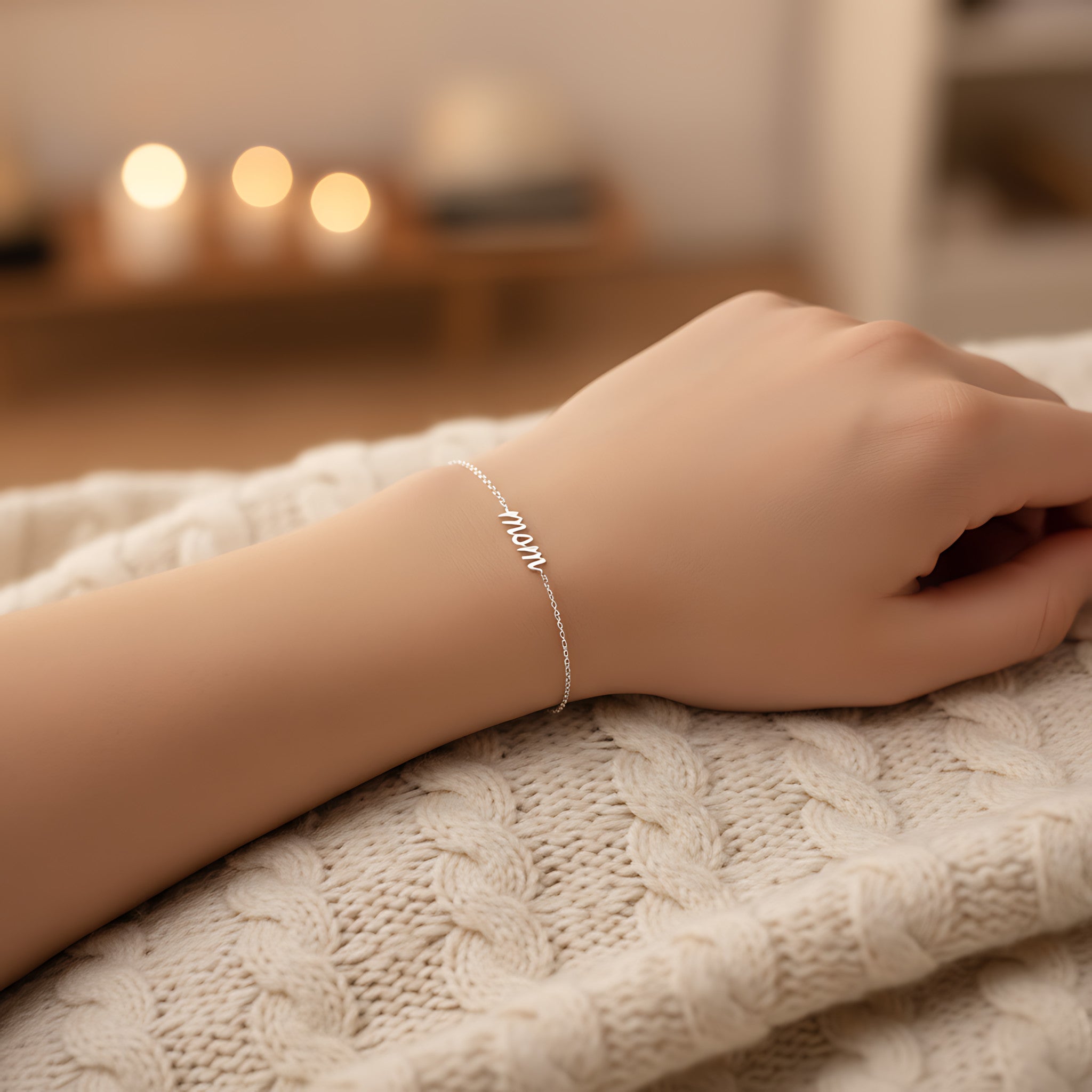 Female hand wearing a silver bracelet with 'Mom' on a textured linen and blurred background