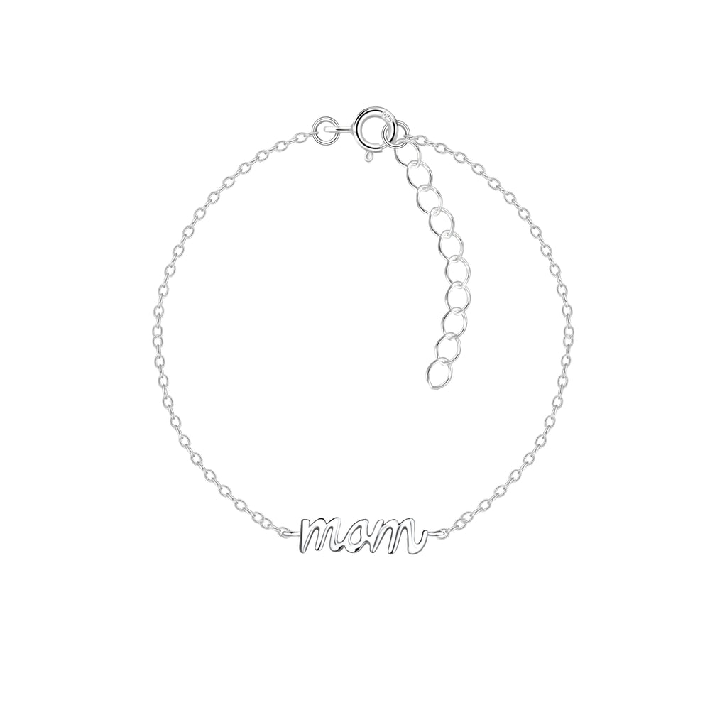 Silver bracelet with 'mom' inscription on a white background