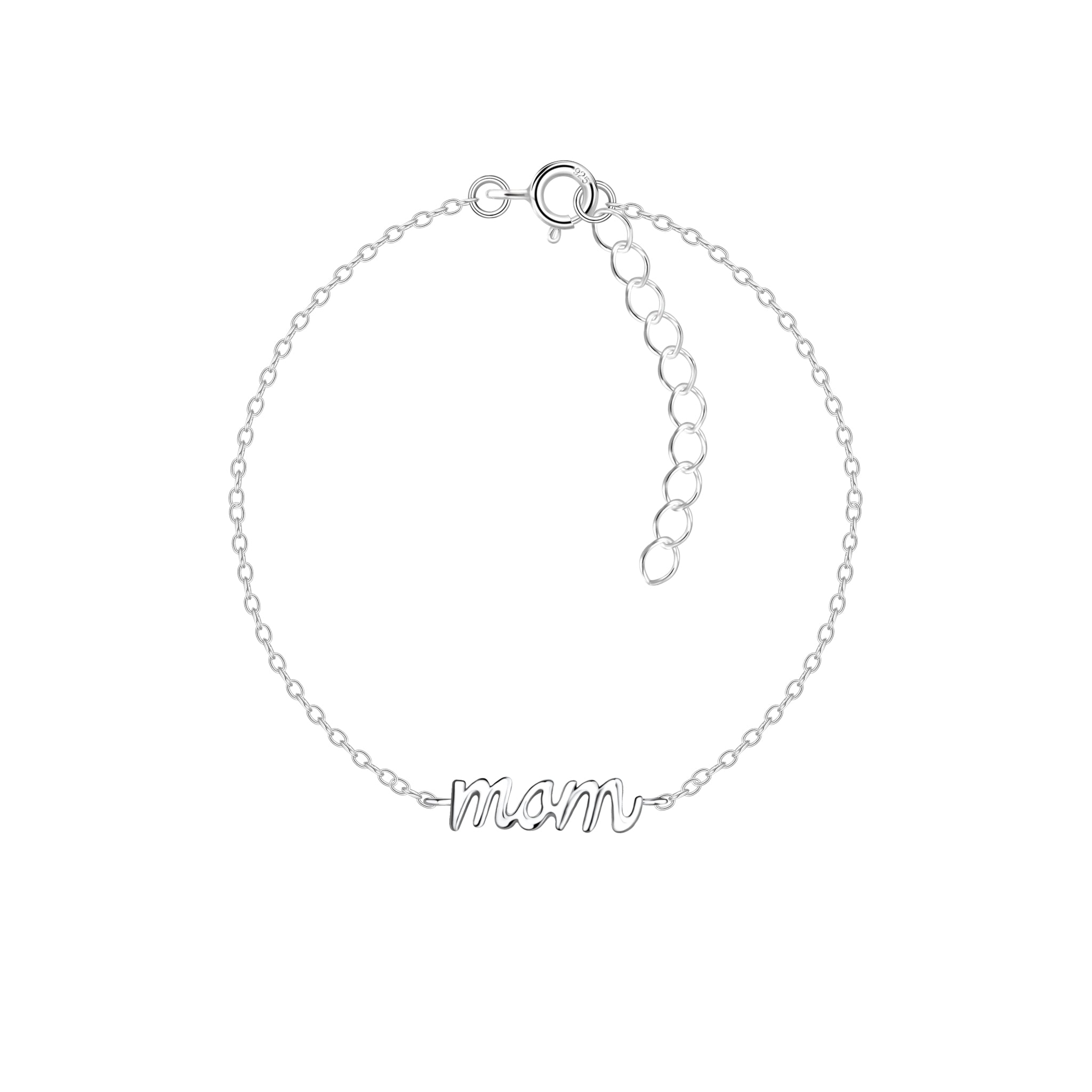Silver bracelet with 'mom' inscription on a white background