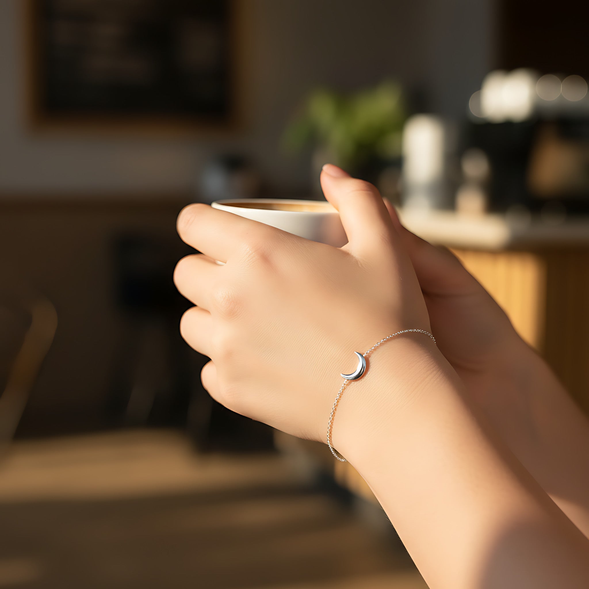 Hand wearing a delicate silver moon bracelet holding a cup with a blurred indoor background