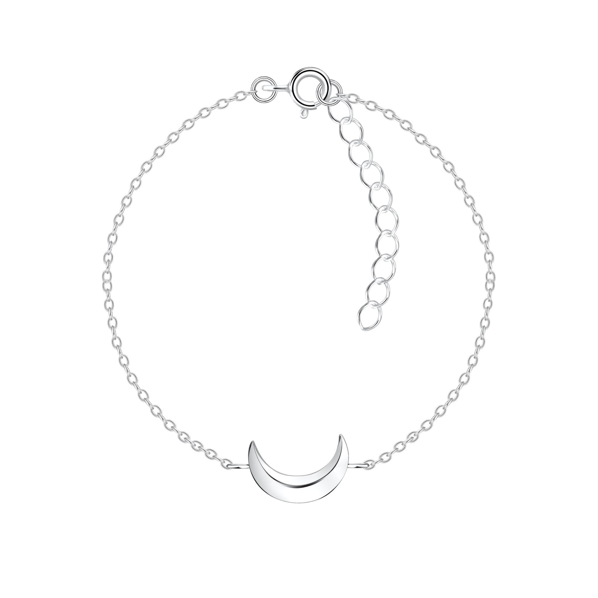 Silver bracelet with a crescent moon charm on a white background