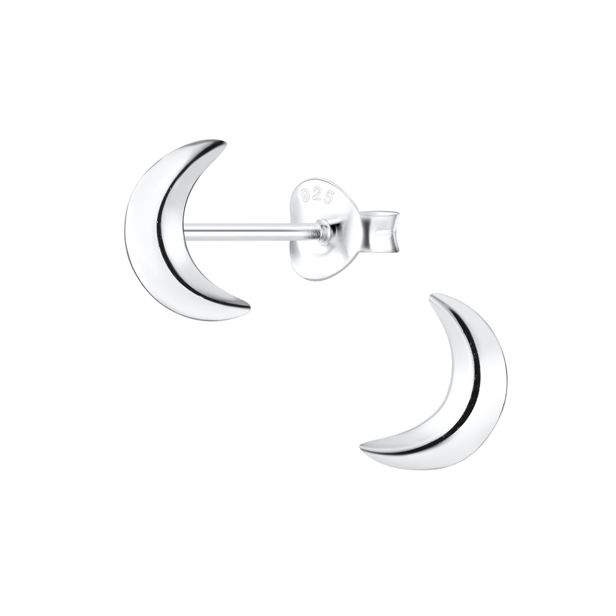 Silver crescent moon stud earring on a white background