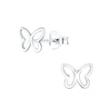 Silver butterfly stud earrings on a white background